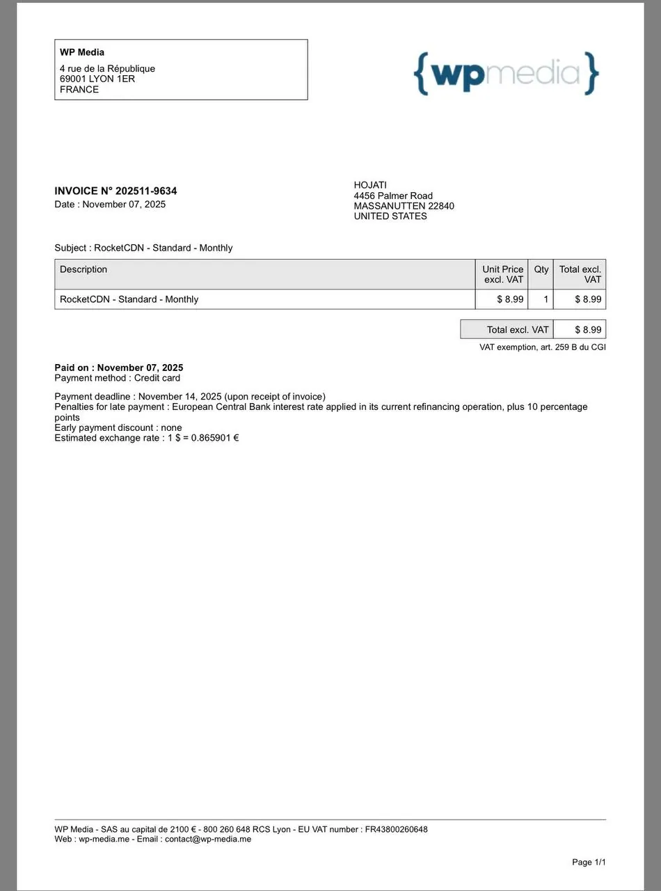 رسید رسمی خرید RocketCDN از طریق Stripe