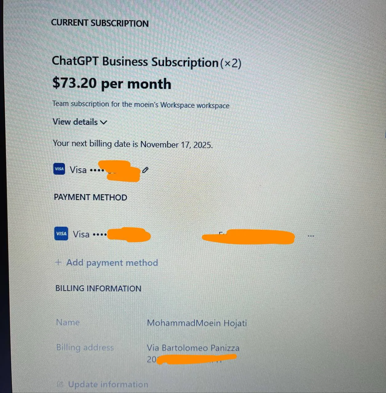 اتصال کارت ویزا به حساب ChatGPT Business