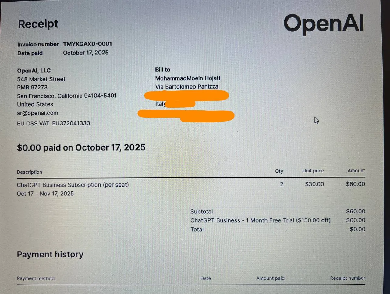 رسید OpenAI ChatGPT Business Subscription